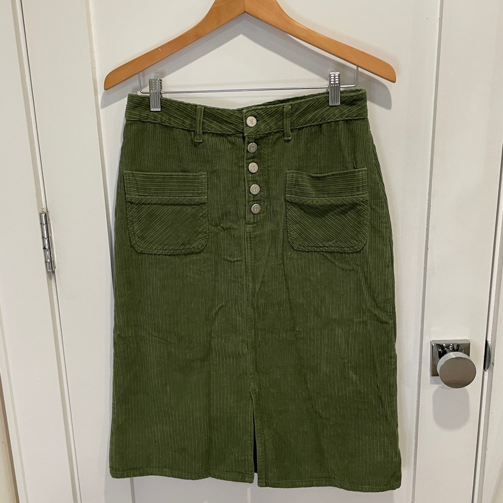 Anthropology Corduroy Skirt M Green Button Front